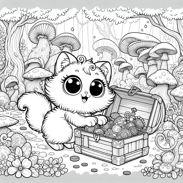 Cartoon cat with large eyes and fluffy tail exploring a whimsical forest with unusual mushrooms, smiling trees, oversized flowers, and a treasure chest filled with crystal orbs, coins, and jewelry, designed for coloring.