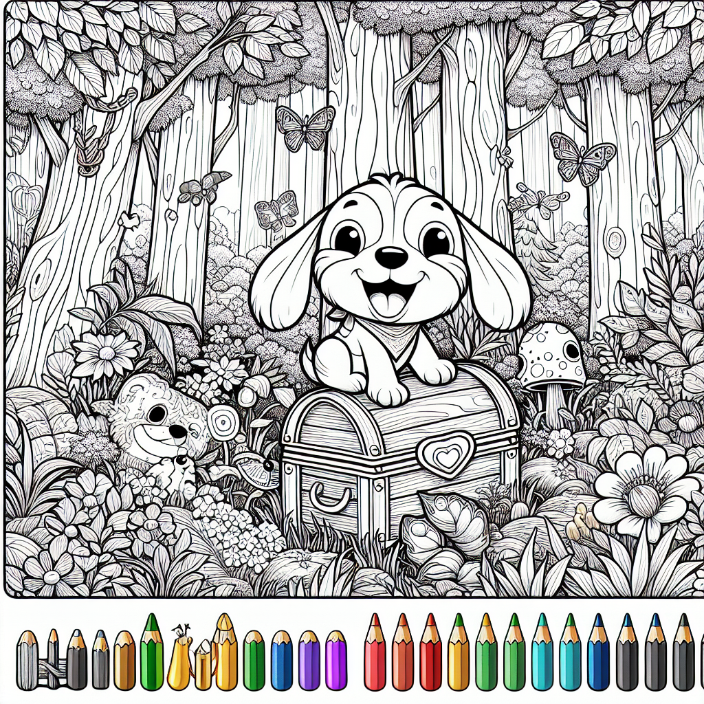 Cheerful cartoon-style dog in whimsical forest surrounded by vibrant tall trees, blooming flowers, and various creatures, with a textured forest floor of long grass and fallen leaves; a large, old treasure chest beside the dog, slightly open, showcasing glinting golden coins and shining jewels, evoking pirate treasure; designed with simple lines for coloring and whimsical shapes.