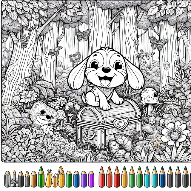 Cheerful cartoon-style dog in whimsical forest surrounded by vibrant tall trees, blooming flowers, and various creatures, with a textured forest floor of long grass and fallen leaves; a large, old treasure chest beside the dog, slightly open, showcasing glinting golden coins and shining jewels, evoking pirate treasure; designed with simple lines for coloring and whimsical shapes.