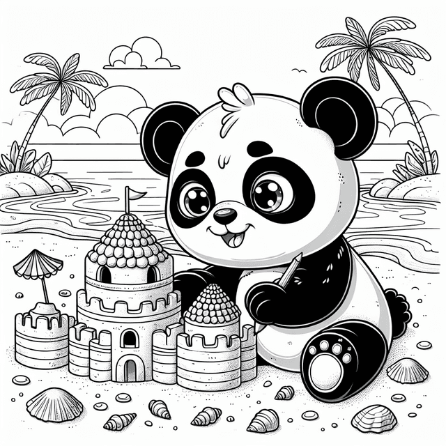 Cartoon-style line drawing of a cute panda with expressive eyes building a sandcastle on the beach, surrounded by seashells, tropical palm trees, and a clear sky, perfect for coloring.