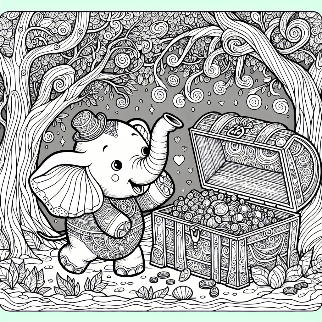 Charming cartoon-style elephant inspecting a treasure chest in a whimsical forest, featuring intricate line drawing details. Captivating forest includes abstract trees, swirling vines, and unique flora. Treasure chest overflowing with sparkling gems, ancient coins, and fascinating artifacts, embodying adventure and wonder. Perfect for coloring exercises.