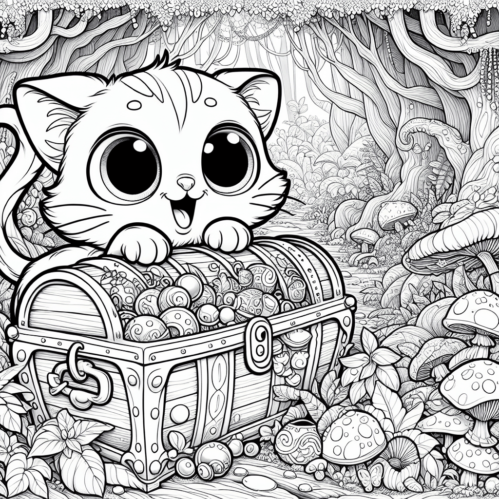 Charming cartoon-style cat with wide eyes and twitching tail peering into a treasure chest filled with shiny baubles in a whimsical forest. The scene features richly detailed foliage, unique trees, and fantastical plants, perfect for coloring. Captures themes of feline curiosity and forest adventure.