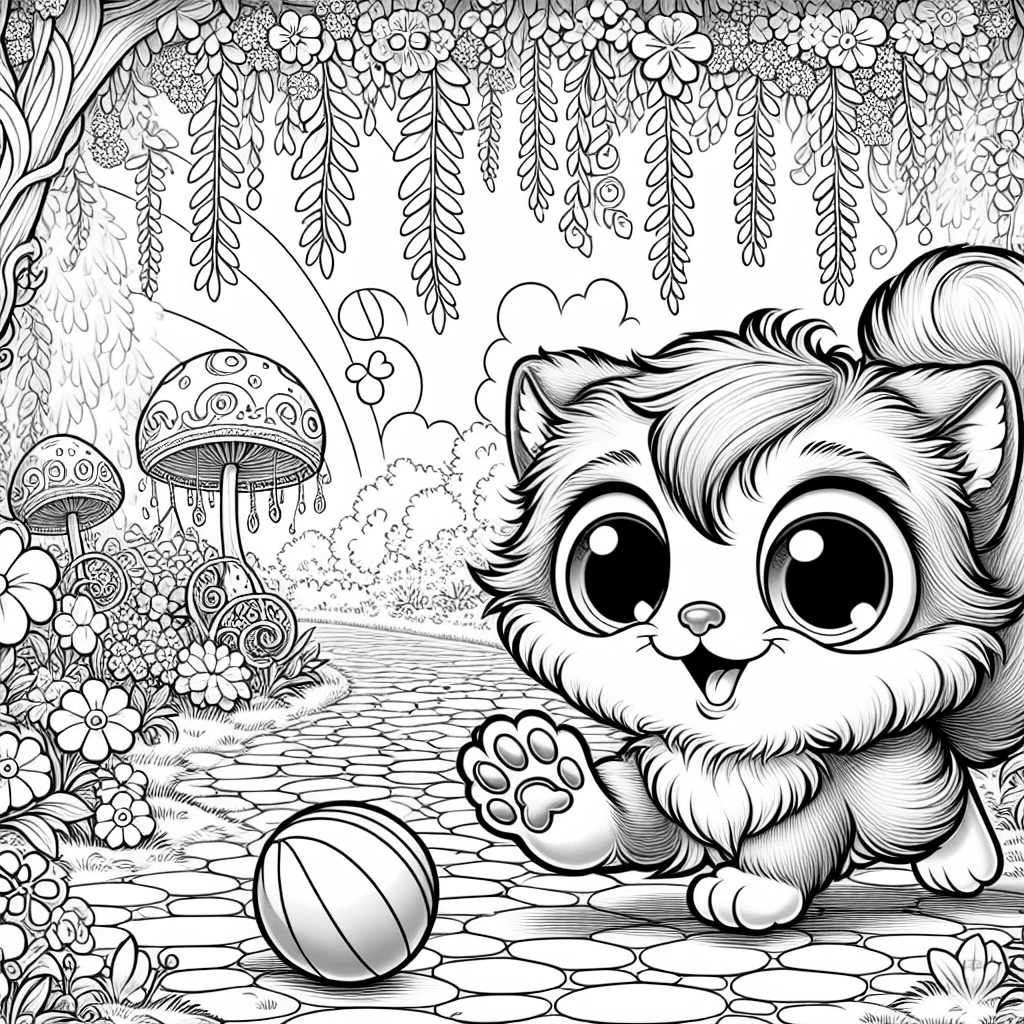 Cute cartoon cat with exaggerated eyes and fluffy tail playing with a ball in a magical garden, featuring vibrant flowers, willow trees, and mushroom-shaped topiaries, against a sunny backdrop with a winding cobblestone path, designed as a black and white line drawing for coloring.