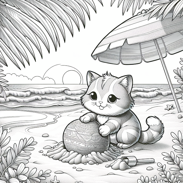 Cartoon-style illustration of an adorable cat building a sandcastle on a beach, featuring clean line-art for coloring. The cat rolls a large ball of sand while gentle sea waves crash nearby. Palm trees create intricate shadow patterns on the sand, and a beach umbrella offers shade from the sun. Perfect for coloring activity.