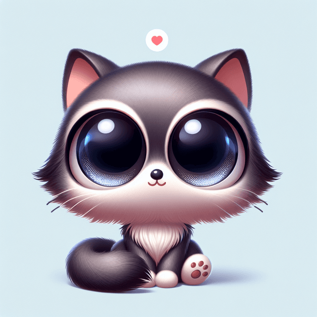 Charming cartoon kitten with large eyes, plush fur, and a small nose, sitting with its tail wrapped around paws and a heart above its head.