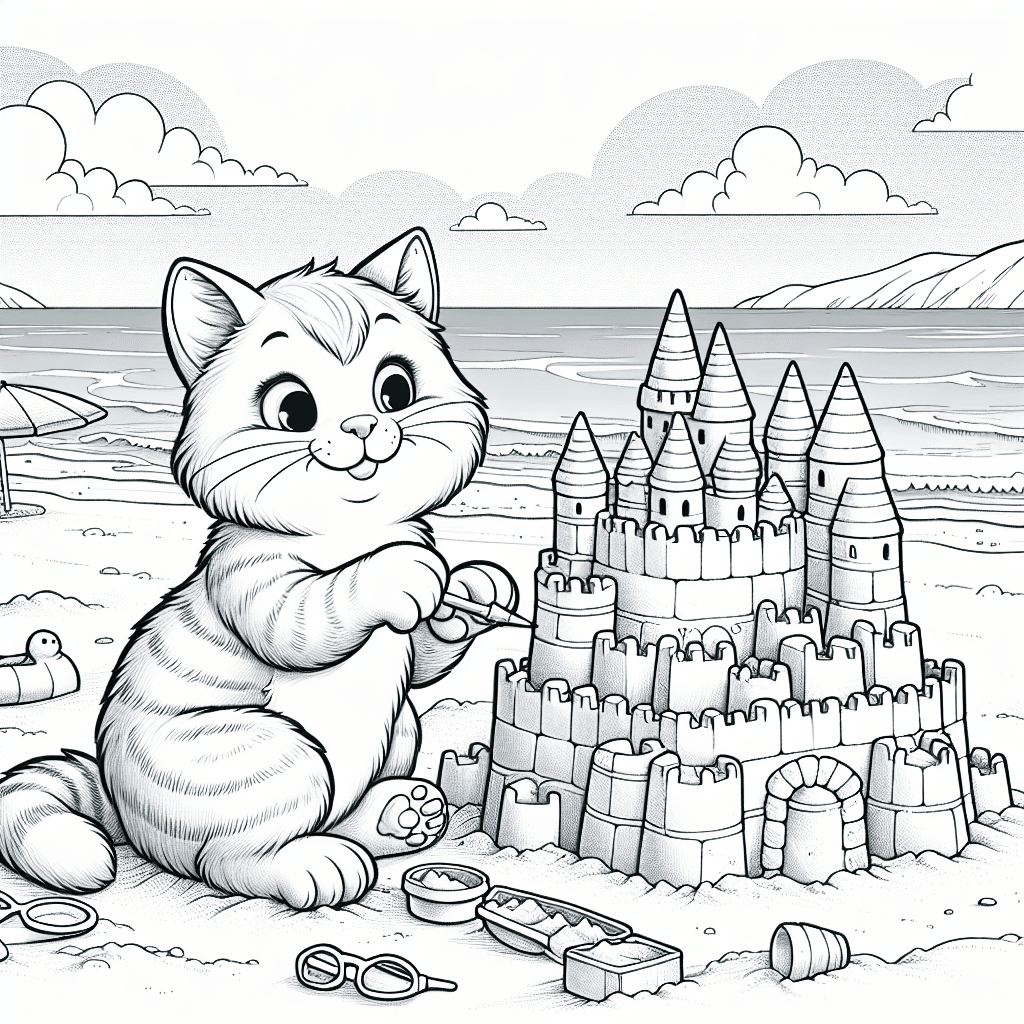 Cartoon cat building a sandcastle at the beach, featuring playful expressions, intricate design elements of the castle, and serene ocean waves in the background, perfect for coloring.