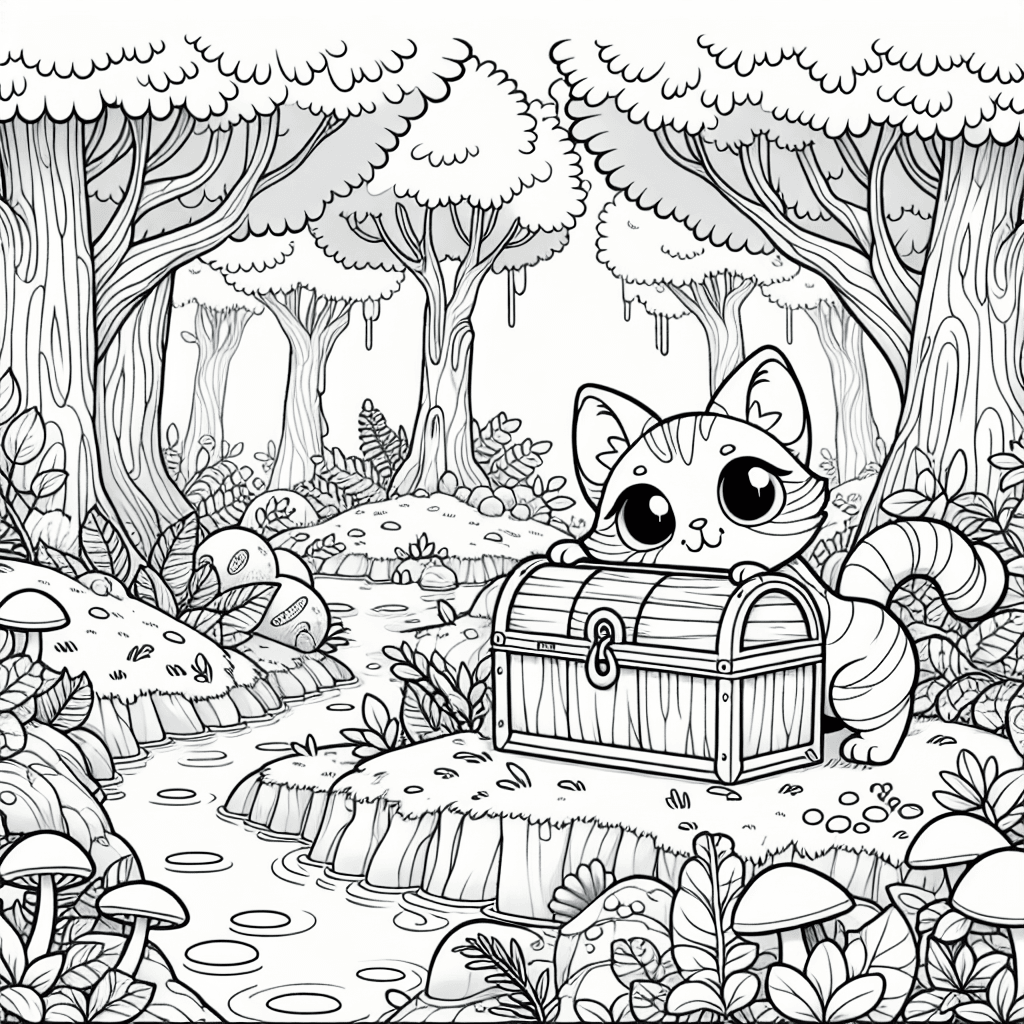 Whimsical line drawing of a cartoon-style cat exploring a treasure chest in a mythical forest, surrounded by unique trees, large mushrooms, flowing brooks, and imaginative foliage, evoking adventure and curiosity for coloring activities.