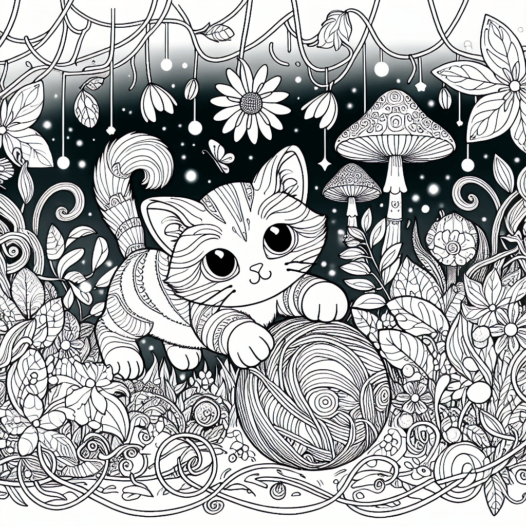 Intricate line drawing for coloring featuring a playful cartoon cat with a ball in a whimsical garden, adorned with twisting vines, oversized mushrooms, bioluminescent flowers, and hovering fireflies, inspired by classic storybook aesthetics.