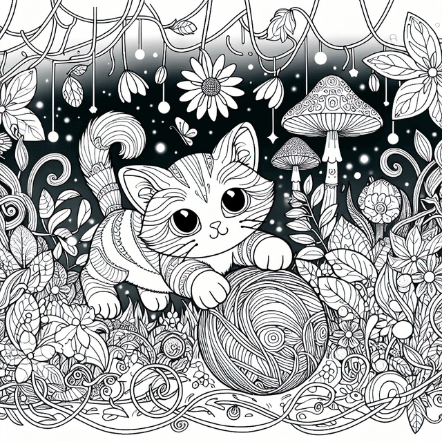 Intricate line drawing for coloring featuring a playful cartoon cat with a ball in a whimsical garden, adorned with twisting vines, oversized mushrooms, bioluminescent flowers, and hovering fireflies, inspired by classic storybook aesthetics.