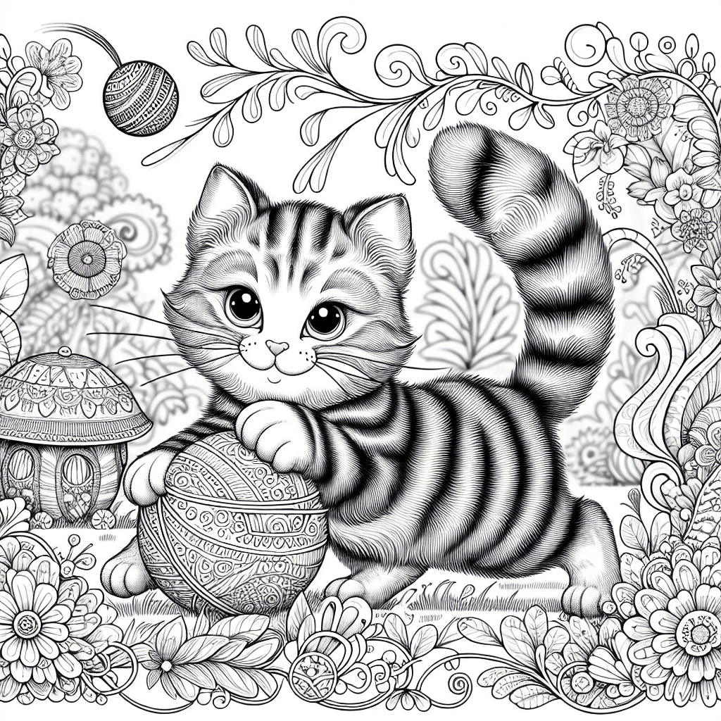 19th-century style line drawing featuring a playful cartoon cat with stripes and expressive eyes batting a ball in a magical garden filled with enchanting flowers, twirling vines, mushrooms, and whimsical birdhouses, perfect for coloring enthusiasts.