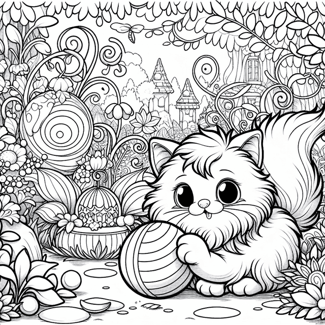 Whimsical line art of a playful cat in a cartoon style, engrossed with a bouncing ball in a magical garden filled with mystical plants and curious topiaries, designed for coloring with intricate details for an engaging experience.