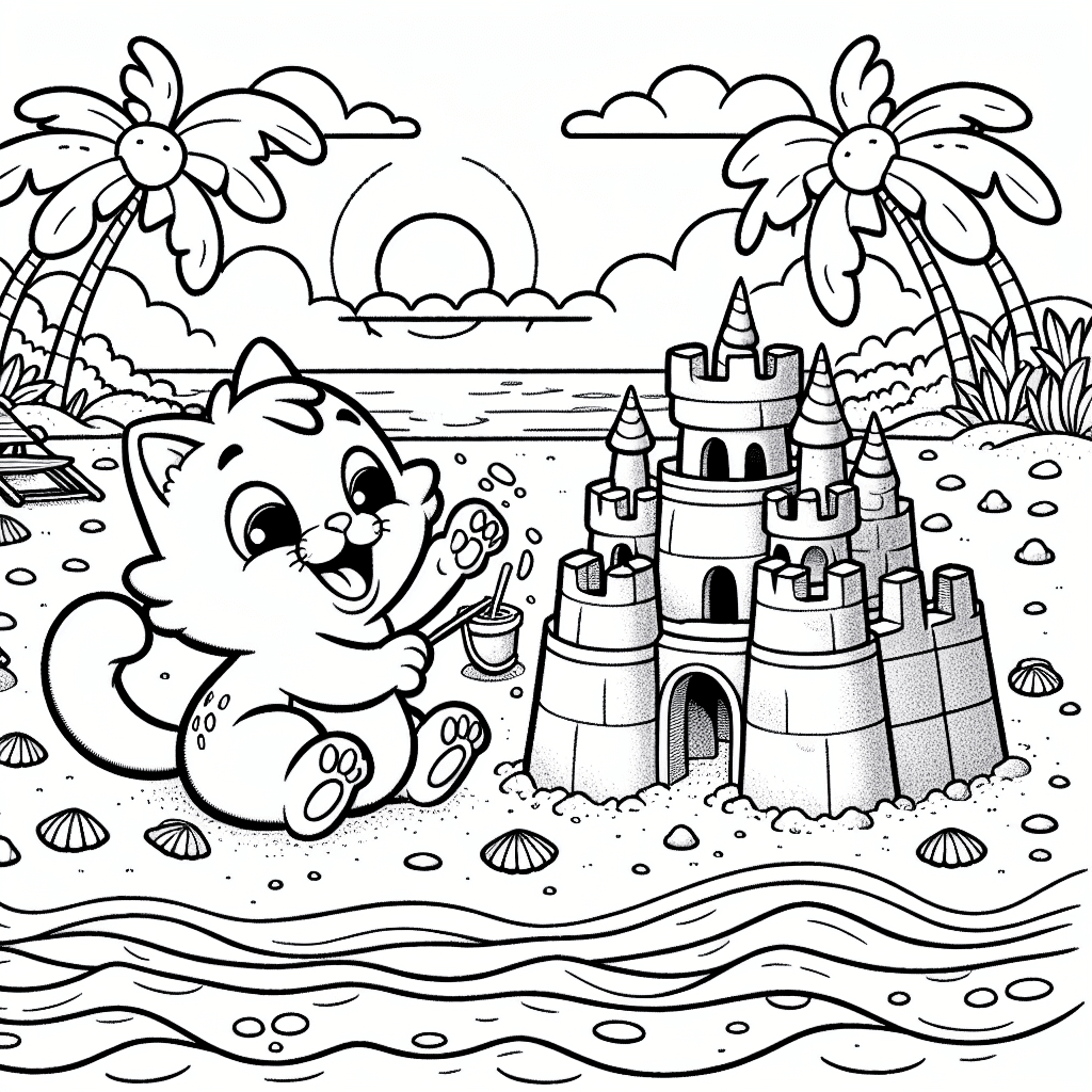 Playful cartoon feline building an elaborate sandcastle with turrets and moat at the beach, surrounded by palm trees, sunbathing areas, and seashells, with gentle waves and a warm sunset in the background.