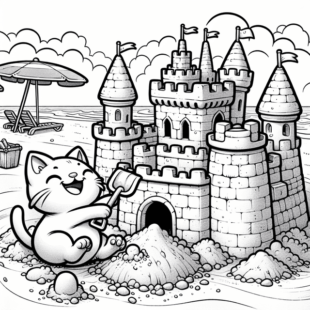 Joyful cartoon cat building a detailed sandcastle on a sandy beach, using a tiny shovel, in a playful and humorous line drawing style, perfect for coloring.