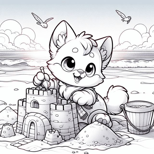 Cartoon cat joyfully building a sandcastle on a sunny beach, with gentle ocean waves and seagulls overhead. Intricate line drawing with defined outlines, perfect for coloring. Soft fur and focused expression enhance the playful scene.