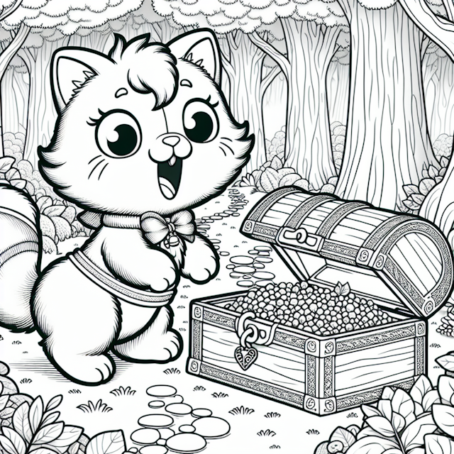 Charming cartoon cat fascinated by an open treasure chest in a whimsical forest setting, surrounded by tall trees and a mossy path, conveying surprise and excitement, ideal for coloring activities.