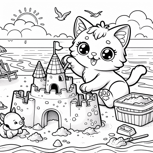 Cartoon-style illustration of a playful cat building a sandcastle on a beach, featuring detailed elements for coloring such as the cat's cheerful expression, the intricate structure of the sandcastle, and a scenic background with waves, seagulls, and a setting sun, all rendered in a line drawing style.