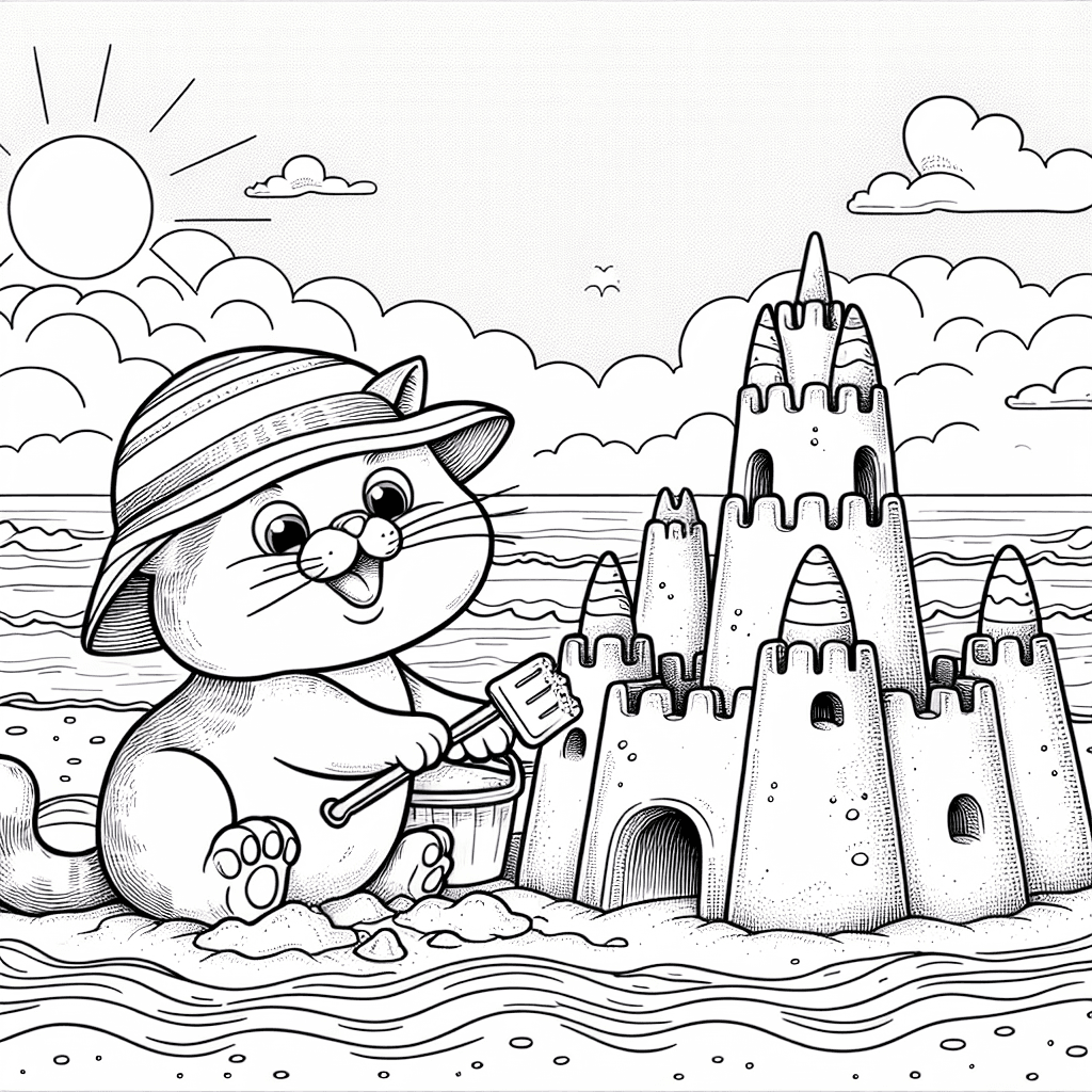 cheerful cartoon cat building a sandcastle on a beach, sunny day with waves, wearing a fun sun hat, detailed line drawing for coloring