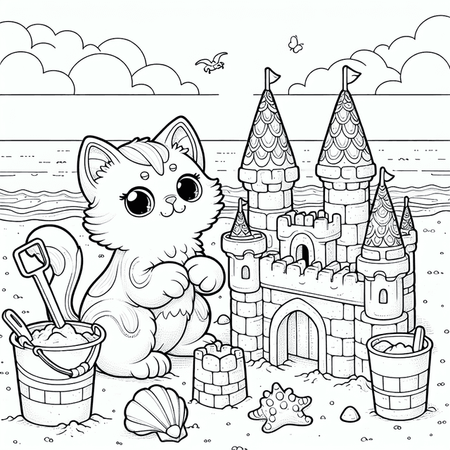 Cartoon cat building an intricate sandcastle on a beach, with sculpted turrets and gates, featuring ocean backdrop, seashell and starfish nearby, along with a bucket and shovel for creating the sandcastle, designed for coloring with clear, distinct lines.