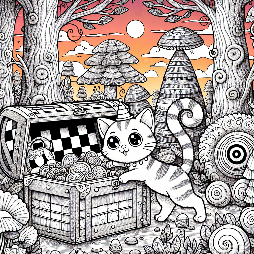 Cartoon-style cat with gleaming eyes exploring a treasure chest in a whimsical forest with spiral-barked trees, checkerboard shrubs, and curious squirrels and birds, under a sunset sky of orange and pink, perfect for coloring.