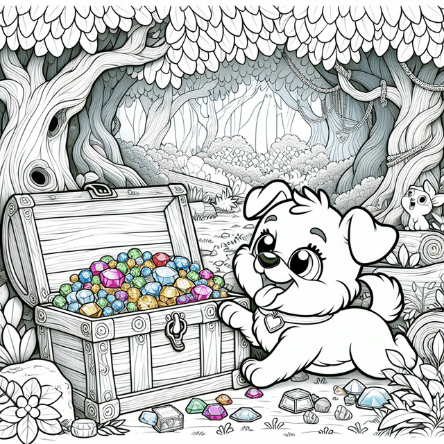 Playful cartoon dog with expressive eyes and wagging tail exploring a treasure chest full of gems and trinkets in a whimsical forest, surrounded by gnarled trees and curious woodland creatures, perfect for a children's coloring book.