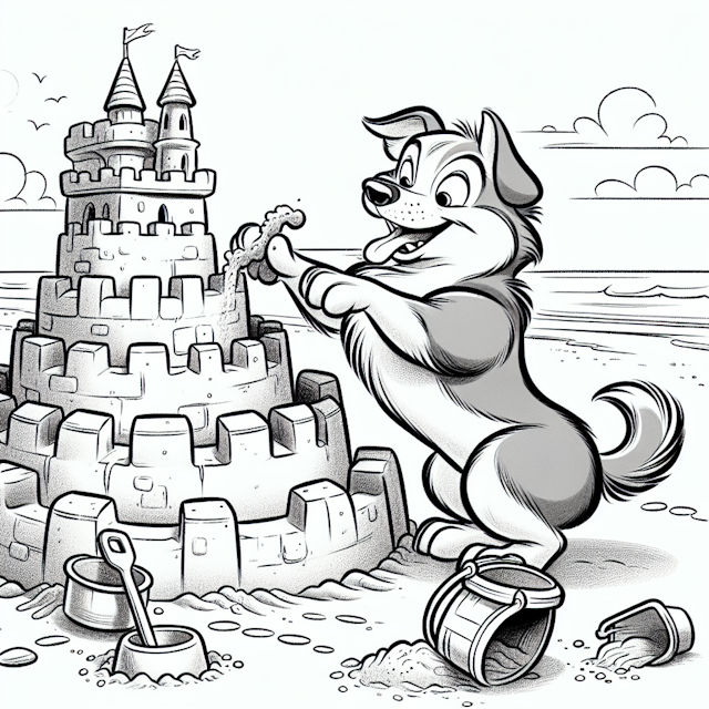 Cartoon dog building a sandcastle on a sunny beach, with a bucket and spade nearby. The energetic canine features a wagging tail and determined eyes, sculpting sand into turrets and towers. Detailed line drawing suitable for coloring, showcasing the creative beach scene.