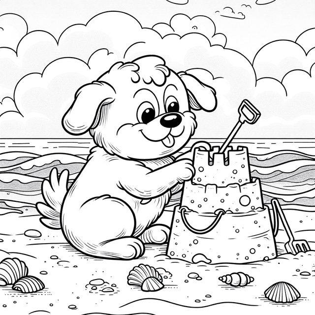 Cartoon-style drawing of a joyful dog building a sandcastle on a beach, with a plastic bucket and spade, surrounded by seashells and a foamy sea backdrop. Fun and simplistic design ideal for coloring.