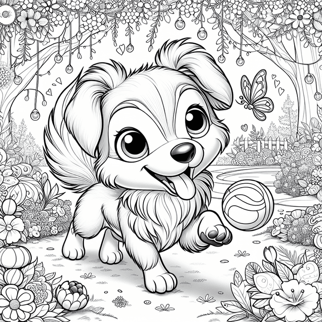 Cartoon-style dog joyfully playing with a ball in a magical garden, surrounded by blooming flowers, whimsical trees, fairy lights, and butterflies, illustrated in detailed line art for coloring activities.