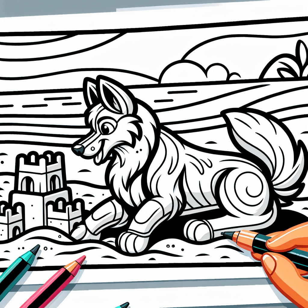 Playful cartoon-style dog building a detailed sandcastle on the beach, depicted in clear line-drawn art for easy coloring.