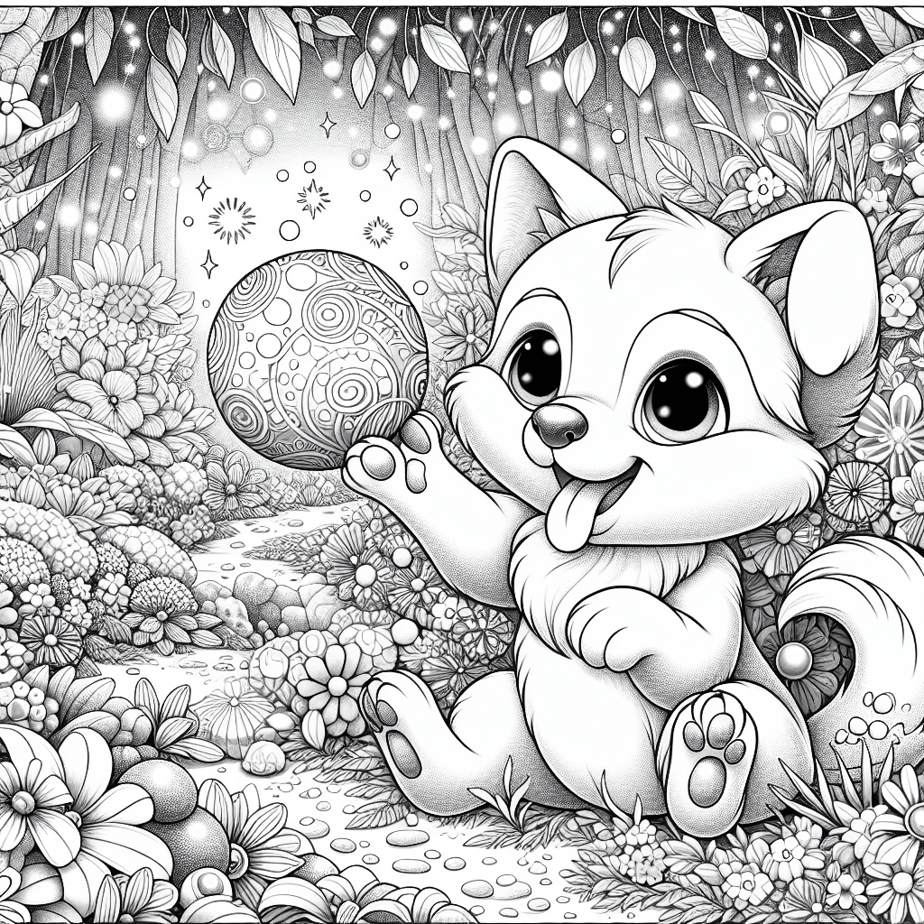 Cartoon-style dog playing with a toy in a colorful, enchanted garden filled with flowers and mystical sparkles. Ideal for kids' coloring, featuring intricate line work and textures in a vibrant daytime setting.