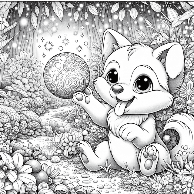 Cartoon-style dog playing with a toy in a colorful, enchanted garden filled with flowers and mystical sparkles. Ideal for kids' coloring, featuring intricate line work and textures in a vibrant daytime setting.