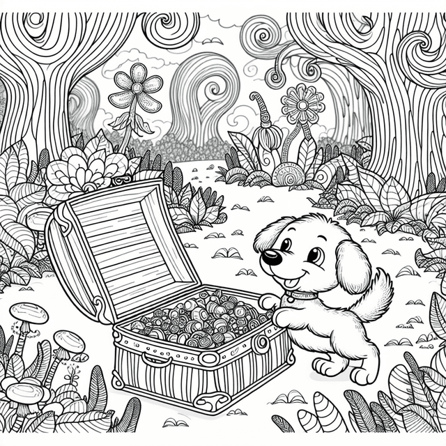 Cartoon-style line drawing of an excited dog with a wagging tail exploring a treasure chest in a whimsical forest with curved trees, unique leaves, and strange flowers, featuring intricate details ideal for a children's coloring book.