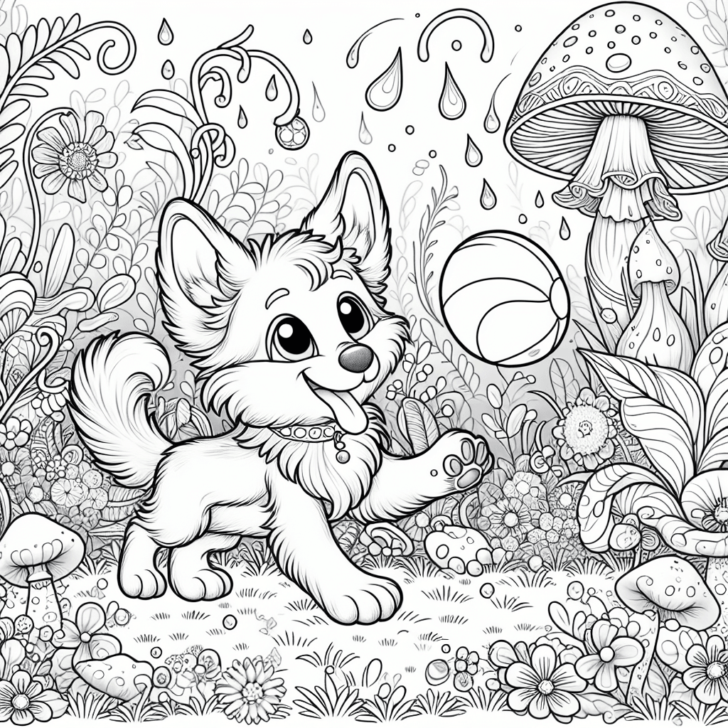 Intricate line drawing of a cartoon-style dog joyfully playing with a ball in a magical garden filled with whimsical plants, tall mushrooms, and sparkling dewdrops, designed for coloring book enthusiasts.