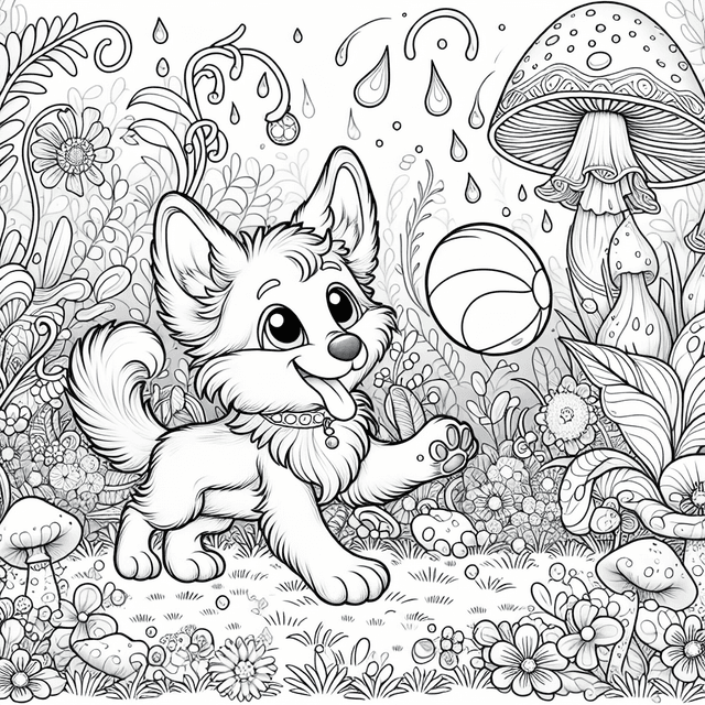 Intricate line drawing of a cartoon-style dog joyfully playing with a ball in a magical garden filled with whimsical plants, tall mushrooms, and sparkling dewdrops, designed for coloring book enthusiasts.