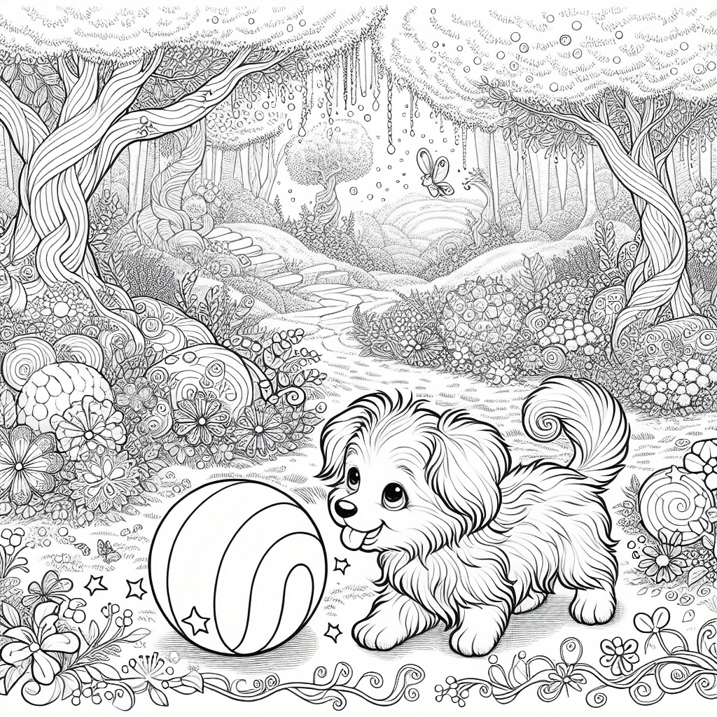 whimsical cartoon dog playing with a spherical toy in a mystic garden, featuring blooming flowers, tall trees, and winding paths, adorned with sparkling dew and vibrant butterflies, perfect for coloring enthusiasts