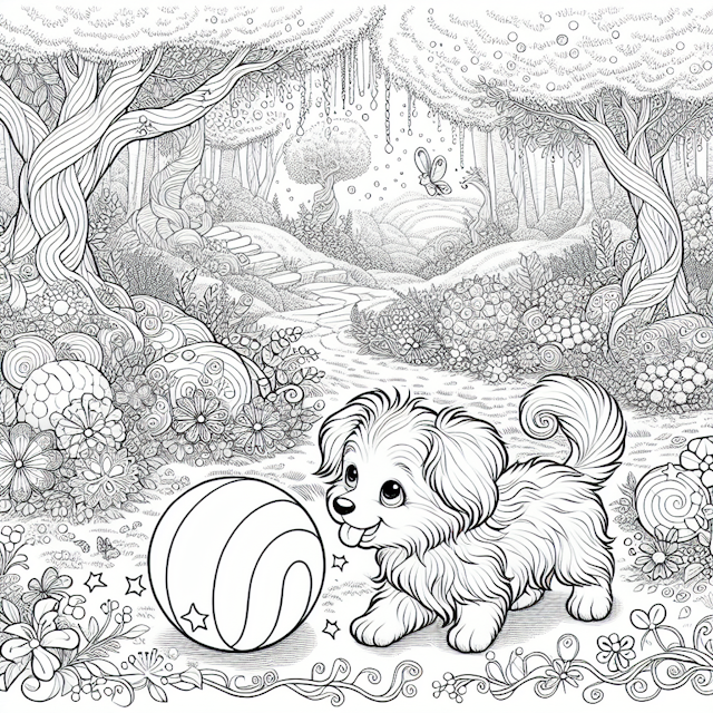 whimsical cartoon dog playing with a spherical toy in a mystic garden, featuring blooming flowers, tall trees, and winding paths, adorned with sparkling dew and vibrant butterflies, perfect for coloring enthusiasts