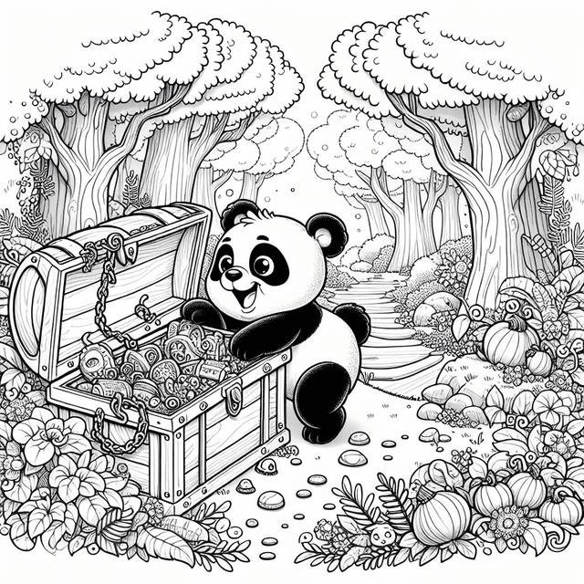 Jovial cartoon-style panda opening an ancient treasure chest surrounded by a whimsical forest, featuring detailed trees, winding paths, and playful woodland creatures, all designed as a fun coloring page.