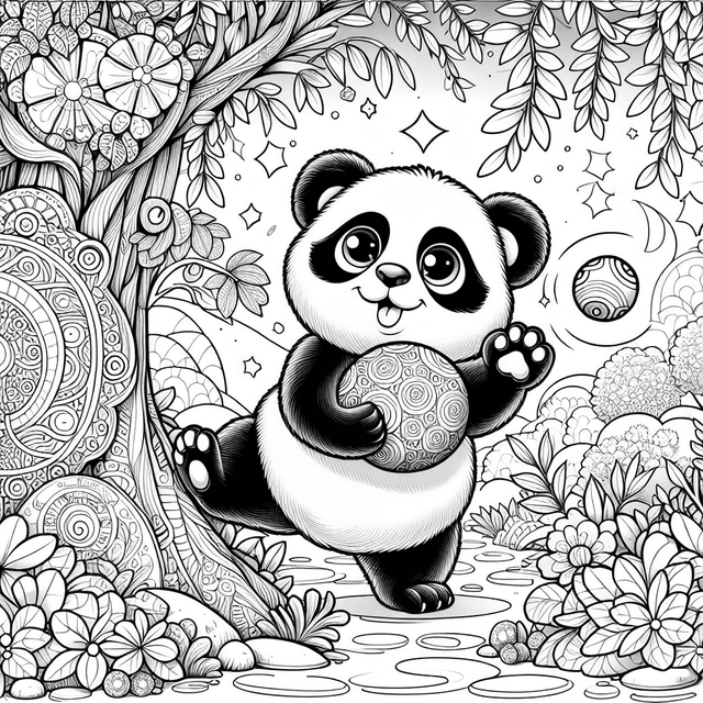 Monochrome line art of a playful cartoon panda with expressive features, entertaining itself with a round ball in a mystical garden filled with diverse flora, designed in a coloring book style for easy coloring.