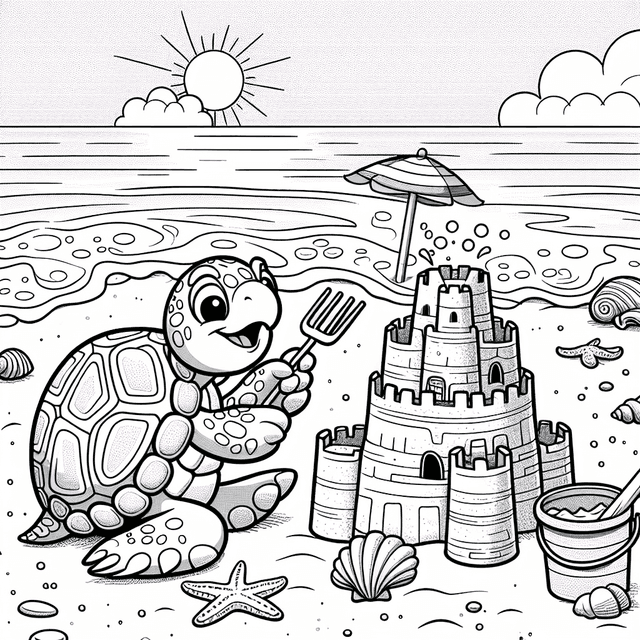 Playful cartoon turtle building an intricate sandcastle at the beach, surrounded by seashells and starfish, with a bucket and spade nearby. The turtle displays a focused expression, skillfully molding sand with its flippers. Sun setting on the horizon and fluffy clouds create a whimsical beach scene in a coloring book style.