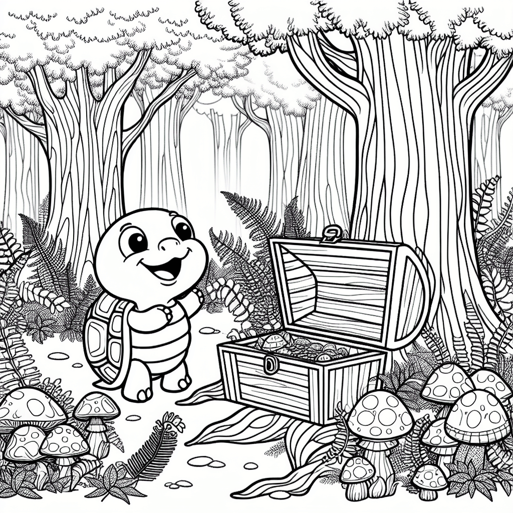 Cheerful cartoon turtle approaching an open treasure chest among ancient tree roots in a whimsical forest, surrounded by tall enchanted trees, ferns, and colorful fungi, perfect for coloring and capturing a sense of curiosity and enchantment.