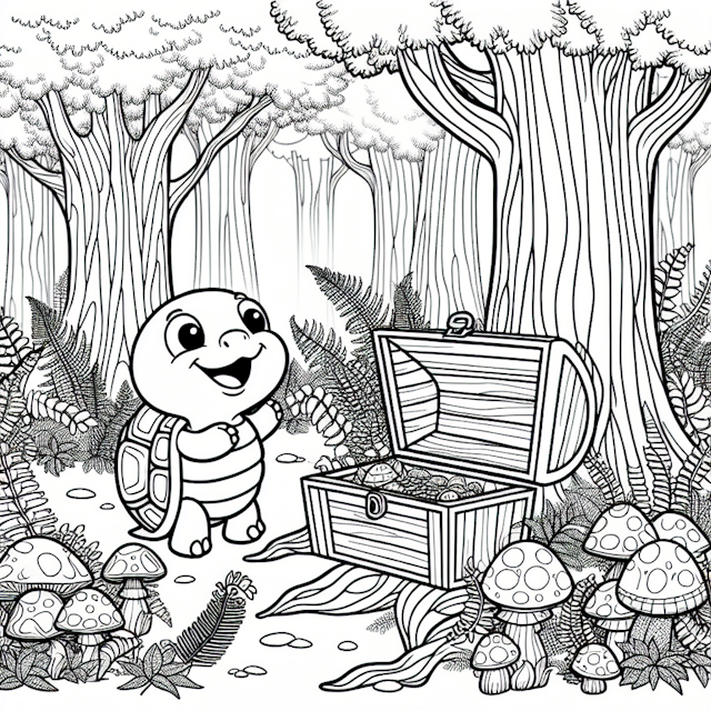 Cheerful cartoon turtle approaching an open treasure chest among ancient tree roots in a whimsical forest, surrounded by tall enchanted trees, ferns, and colorful fungi, perfect for coloring and capturing a sense of curiosity and enchantment.