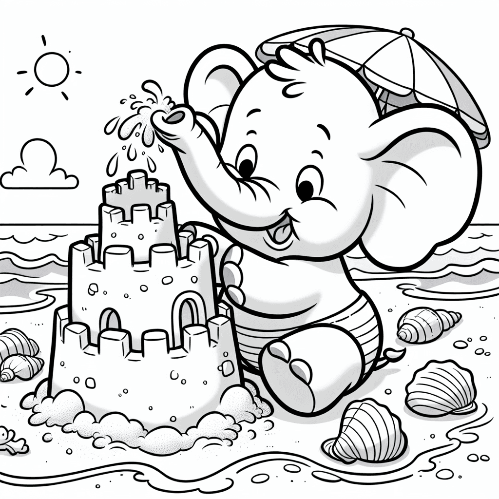 Cartoon elephant building a sandcastle on the beach, with detailed line art showcasing sand texture, castle structure, foamy waves, seashells, and a beach umbrella. Perfect for coloring.