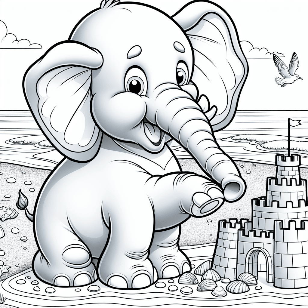 Cartoon-style elephant building a sandcastle on a beach, using its trunk to shape the sand, surrounded by seashells and a serene sea, with seagulls flying in a sunny sky. Ideal for coloring.