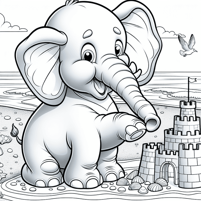 Cartoon-style elephant building a sandcastle on a beach, using its trunk to shape the sand, surrounded by seashells and a serene sea, with seagulls flying in a sunny sky. Ideal for coloring.