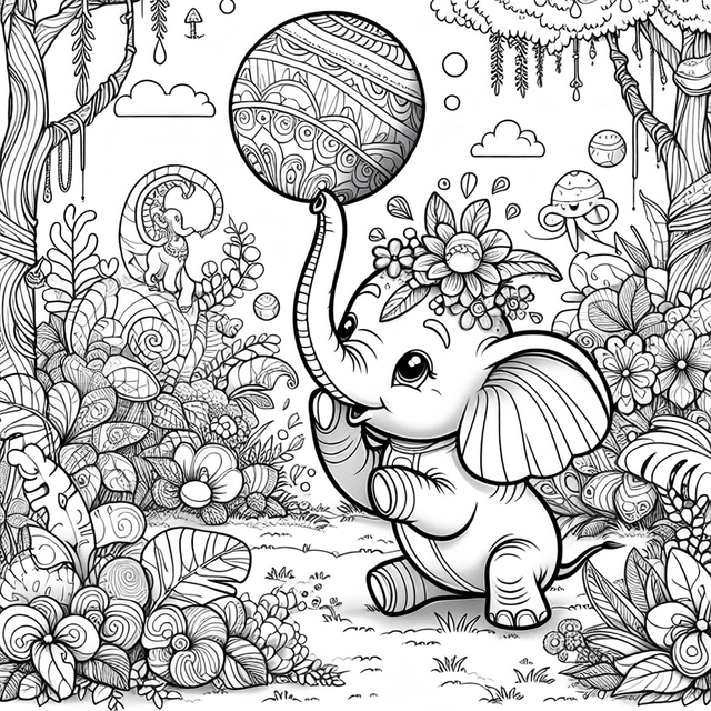 Cartoon-style elephant playing with a colorful ball in a magical garden, surrounded by enchanting flowers, whimsical creatures, and unusual trees. Thick outlines ideal for coloring book style, evoking joy and peace for all ages.