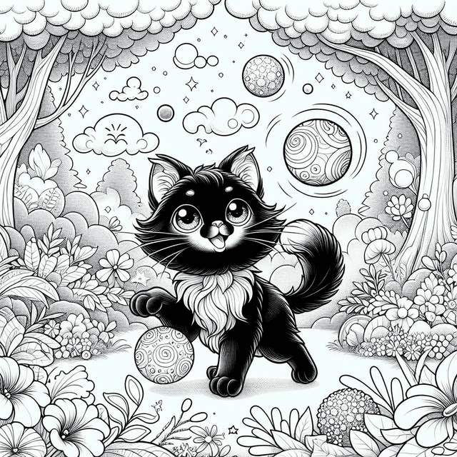 Cartoon-style black cat playing with a spherical toy in a whimsical garden filled with blooming flowers, tall trees, glowing plants, and floating bubbles. Ideal for coloring.