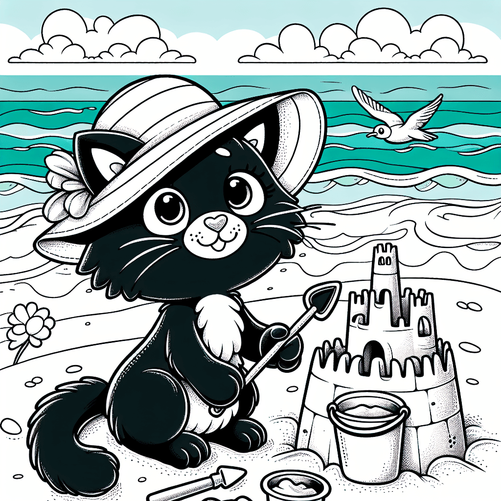 Whimsical line drawing of a cartoon black cat building a sandcastle at the beach, wearing a sunhat and holding a bucket and spade, with ocean waves and seagulls in the background. Ideal for coloring activities.