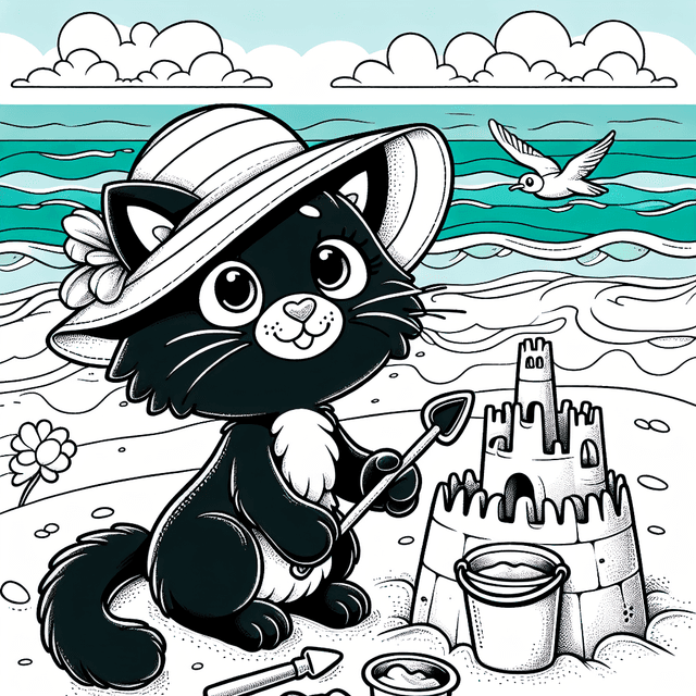 Whimsical line drawing of a cartoon black cat building a sandcastle at the beach, wearing a sunhat and holding a bucket and spade, with ocean waves and seagulls in the background. Ideal for coloring activities.