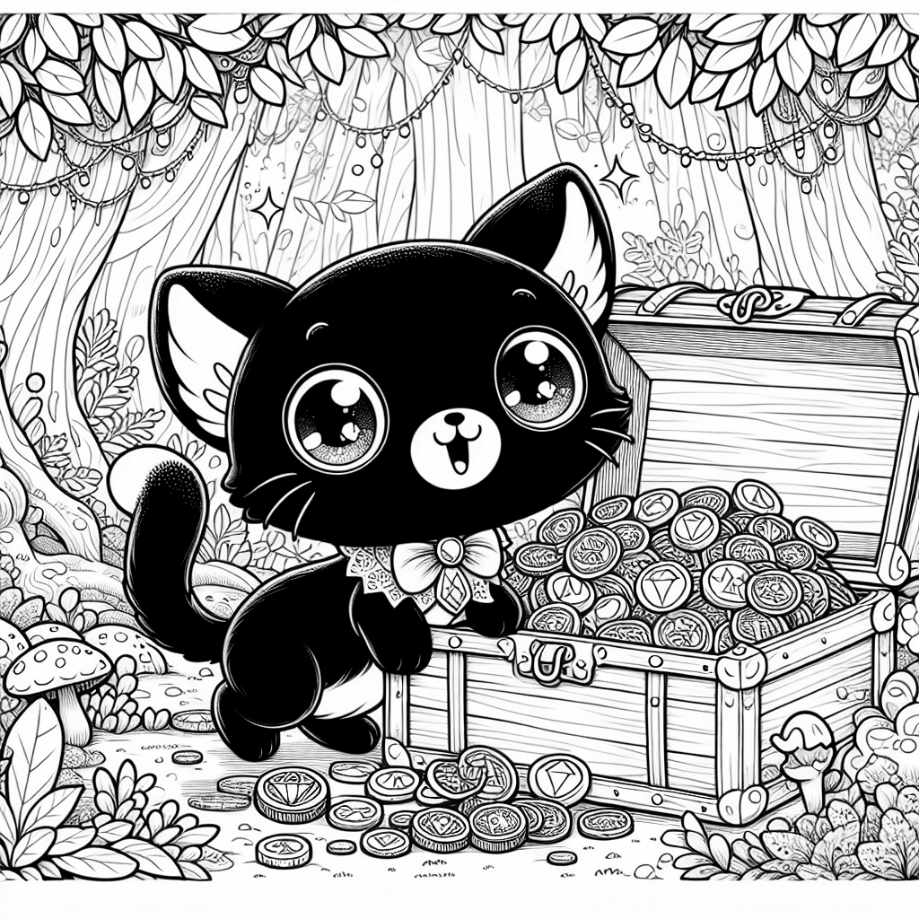 Cartoon-style line drawing of a curious black cat with twitching whiskers exploring an antique treasure chest filled with coins and jewels in a whimsical forest with leafy trees, vibrant plants, and detailed mushrooms, designed for coloring.