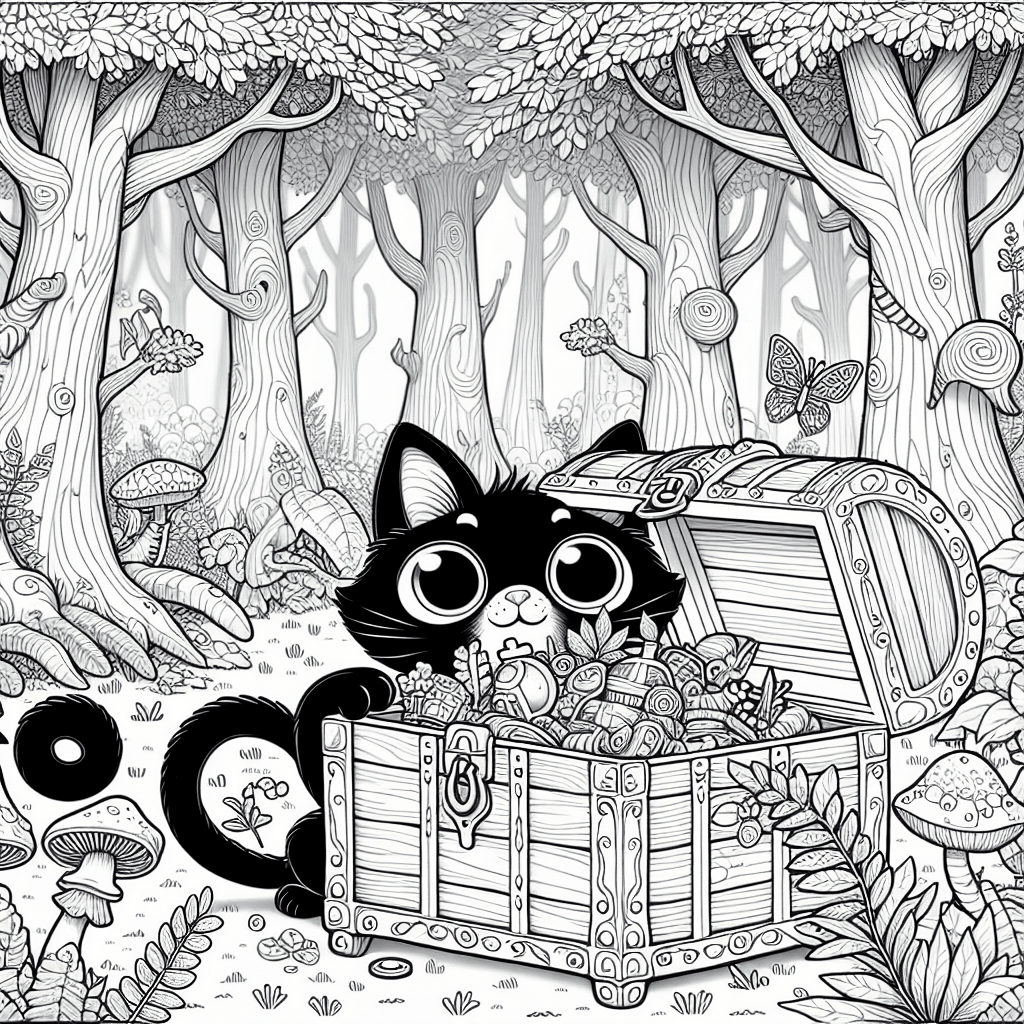 Cartoon black cat with curious eyes exploring a large treasure chest in a whimsical forest, surrounded by tall trees, ferns, mushrooms, and flowers, designed for coloring.