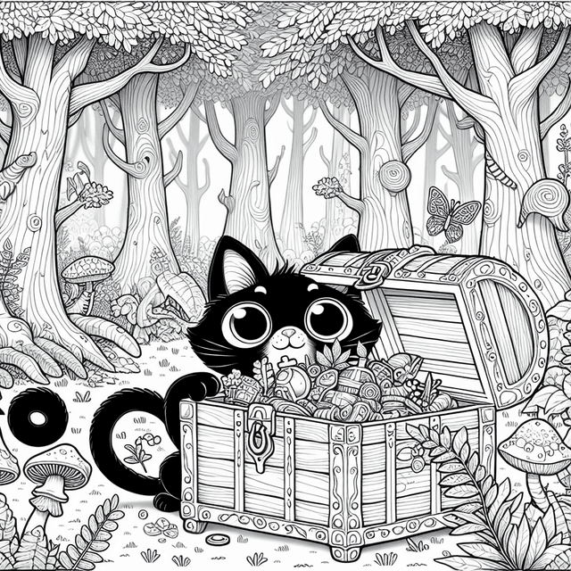 Cartoon black cat with curious eyes exploring a large treasure chest in a whimsical forest, surrounded by tall trees, ferns, mushrooms, and flowers, designed for coloring.